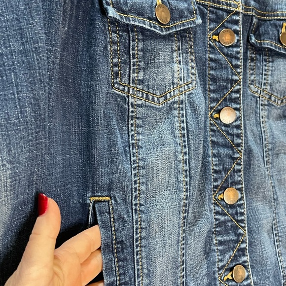 Elle Classic Jean Jacket Y2K Stretch Cropped Collarless with Pockets Size XL - Picture 6 of 9